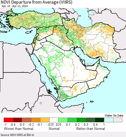 Middle East and Turkey NDVI Departure from Average (VIIRS) Thematic Map For 4/14/2024 - 4/21/2024