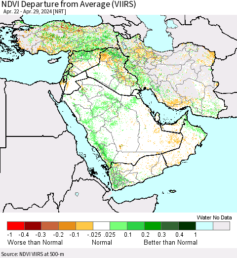 Middle East and Turkey NDVI Departure from Average (VIIRS) Thematic Map For 4/22/2024 - 4/29/2024