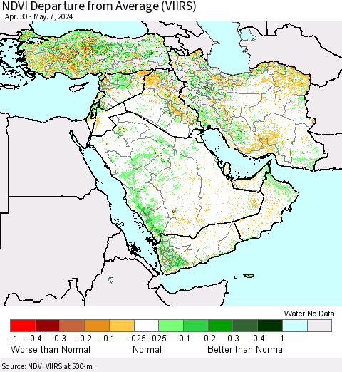 Middle East and Turkey NDVI Departure from Average (VIIRS) Thematic Map For 4/30/2024 - 5/7/2024