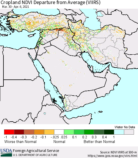 Middle East and Turkey Cropland NDVI Departure from Average (VIIRS) Thematic Map For 4/1/2021 - 4/10/2021