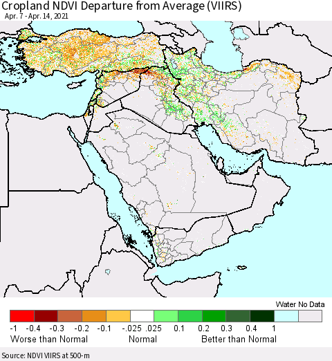 Middle East and Turkey Cropland NDVI Departure from Average (VIIRS) Thematic Map For 4/7/2021 - 4/14/2021