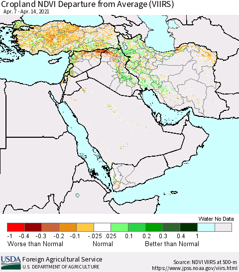 Middle East and Turkey Cropland NDVI Departure from Average (VIIRS) Thematic Map For 4/11/2021 - 4/20/2021