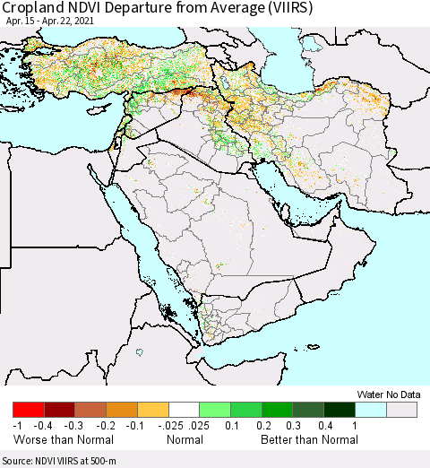 Middle East and Turkey Cropland NDVI Departure from Average (VIIRS) Thematic Map For 4/15/2021 - 4/22/2021