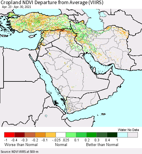 Middle East and Turkey Cropland NDVI Departure from Average (VIIRS) Thematic Map For 4/21/2021 - 4/30/2021