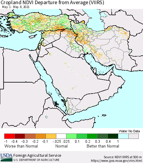 Middle East and Turkey Cropland NDVI Departure from Average (VIIRS) Thematic Map For 5/1/2021 - 5/10/2021