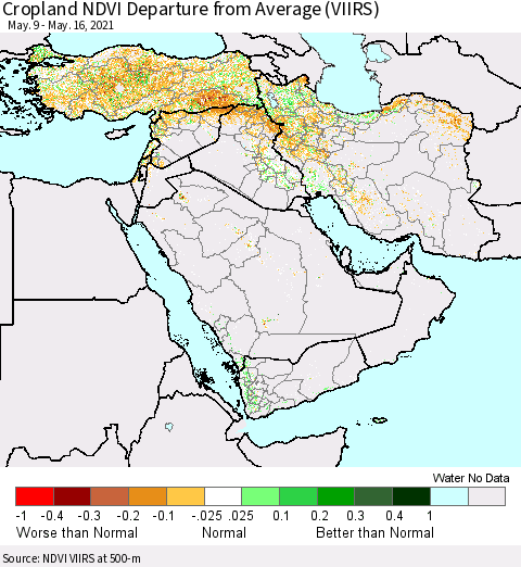 Middle East and Turkey Cropland NDVI Departure from Average (VIIRS) Thematic Map For 5/9/2021 - 5/16/2021