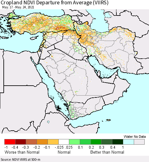 Middle East and Turkey Cropland NDVI Departure from Average (VIIRS) Thematic Map For 5/17/2021 - 5/24/2021