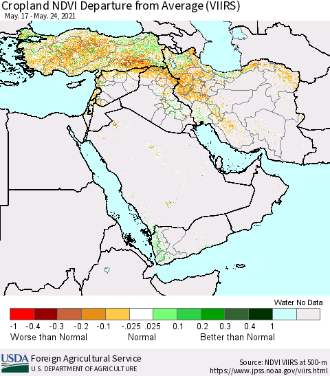 Middle East and Turkey Cropland NDVI Departure from Average (VIIRS) Thematic Map For 5/21/2021 - 5/31/2021
