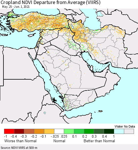 Middle East and Turkey Cropland NDVI Departure from Average (VIIRS) Thematic Map For 5/25/2021 - 6/1/2021