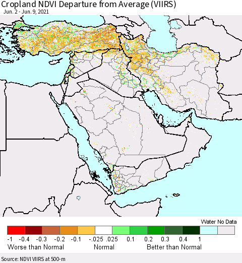 Middle East and Turkey Cropland NDVI Departure from Average (VIIRS) Thematic Map For 6/2/2021 - 6/9/2021