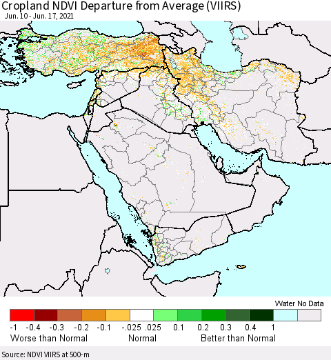 Middle East and Turkey Cropland NDVI Departure from Average (VIIRS) Thematic Map For 6/10/2021 - 6/17/2021