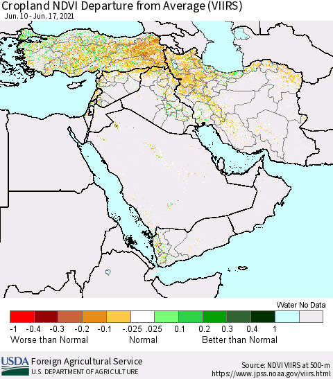 Middle East and Turkey Cropland NDVI Departure from Average (VIIRS) Thematic Map For 6/11/2021 - 6/20/2021