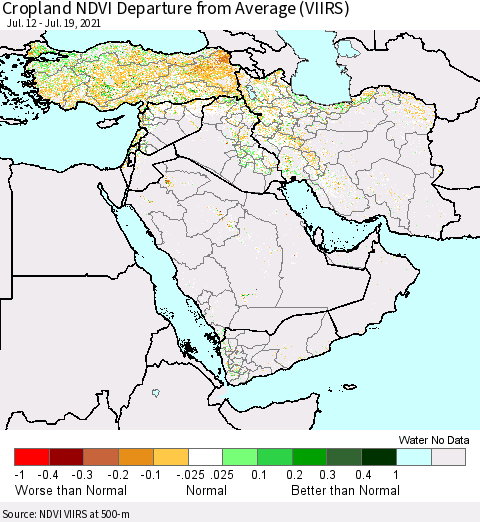 Middle East and Turkey Cropland NDVI Departure from Average (VIIRS) Thematic Map For 7/12/2021 - 7/19/2021