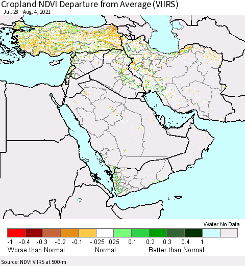 Middle East and Turkey Cropland NDVI Departure from Average (VIIRS) Thematic Map For 7/28/2021 - 8/4/2021