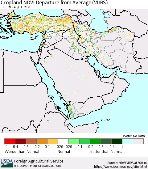 Middle East and Turkey Cropland NDVI Departure from Average (VIIRS) Thematic Map For 8/1/2021 - 8/10/2021