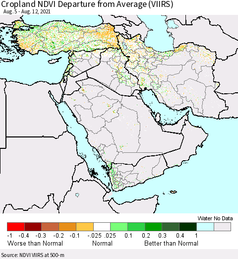 Middle East and Turkey Cropland NDVI Departure from Average (VIIRS) Thematic Map For 8/5/2021 - 8/12/2021