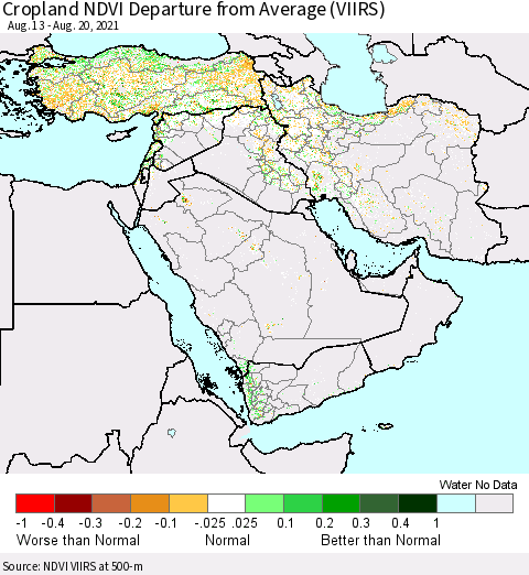 Middle East and Turkey Cropland NDVI Departure from Average (VIIRS) Thematic Map For 8/13/2021 - 8/20/2021