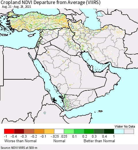 Middle East and Turkey Cropland NDVI Departure from Average (VIIRS) Thematic Map For 8/21/2021 - 8/28/2021