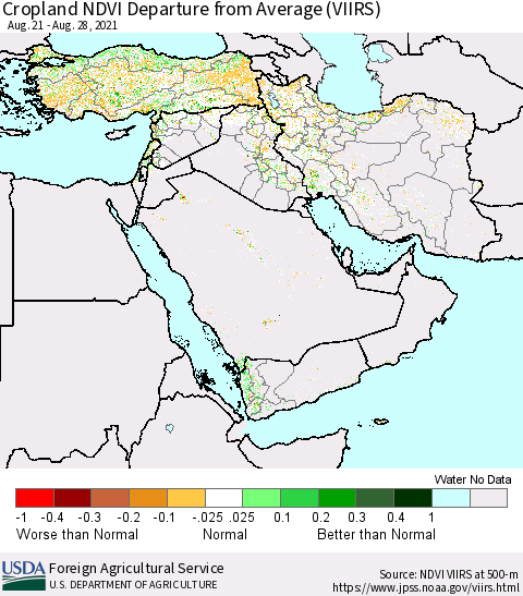 Middle East and Turkey Cropland NDVI Departure from Average (VIIRS) Thematic Map For 8/21/2021 - 8/31/2021