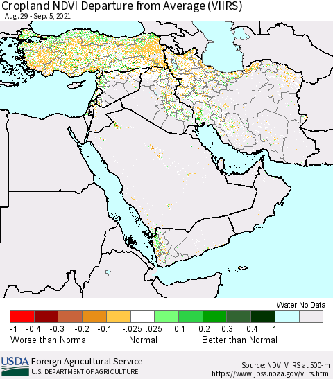 Middle East and Turkey Cropland NDVI Departure from Average (VIIRS) Thematic Map For 9/1/2021 - 9/10/2021