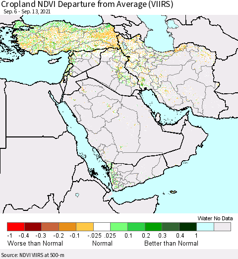 Middle East and Turkey Cropland NDVI Departure from Average (VIIRS) Thematic Map For 9/6/2021 - 9/13/2021