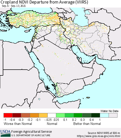 Middle East and Turkey Cropland NDVI Departure from Average (VIIRS) Thematic Map For 9/11/2021 - 9/20/2021
