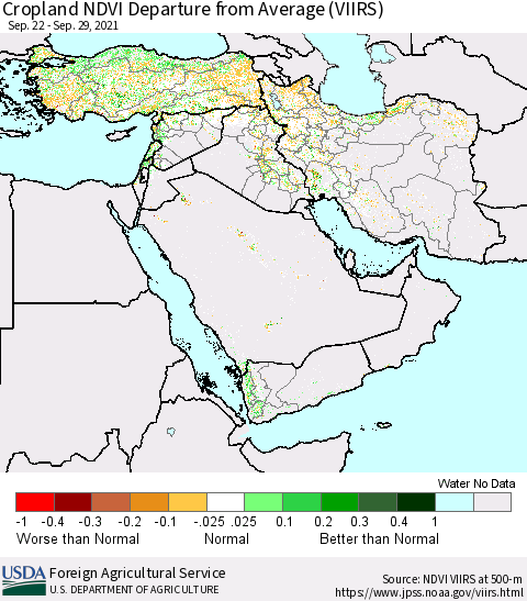 Middle East and Turkey Cropland NDVI Departure from Average (VIIRS) Thematic Map For 9/21/2021 - 9/30/2021