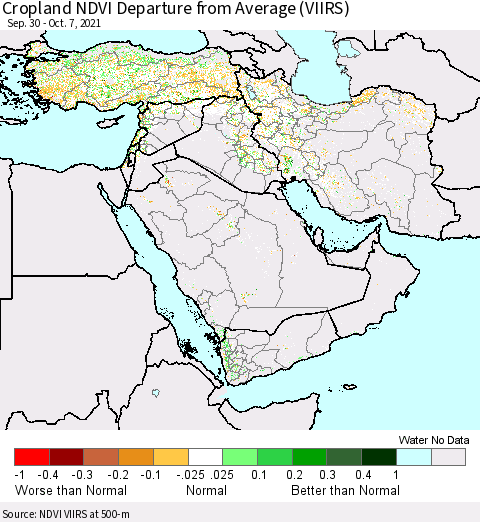 Middle East and Turkey Cropland NDVI Departure from Average (VIIRS) Thematic Map For 9/30/2021 - 10/7/2021