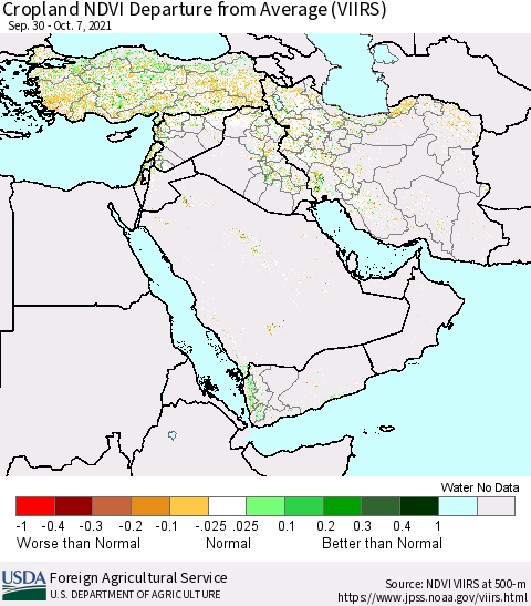 Middle East and Turkey Cropland NDVI Departure from Average (VIIRS) Thematic Map For 10/1/2021 - 10/10/2021