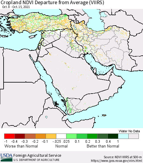 Middle East and Turkey Cropland NDVI Departure from Average (VIIRS) Thematic Map For 10/11/2021 - 10/20/2021