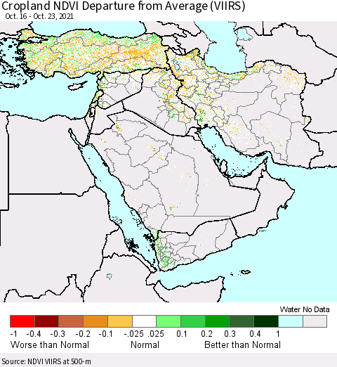 Middle East and Turkey Cropland NDVI Departure from Average (VIIRS) Thematic Map For 10/16/2021 - 10/23/2021