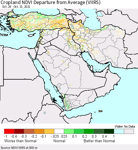 Middle East and Turkey Cropland NDVI Departure from Average (VIIRS) Thematic Map For 10/21/2021 - 10/31/2021
