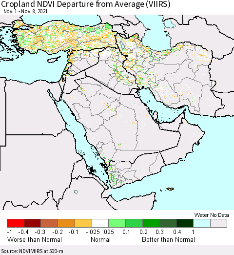 Middle East and Turkey Cropland NDVI Departure from Average (VIIRS) Thematic Map For 11/1/2021 - 11/8/2021