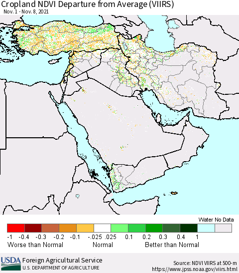 Middle East and Turkey Cropland NDVI Departure from Average (VIIRS) Thematic Map For 11/1/2021 - 11/10/2021