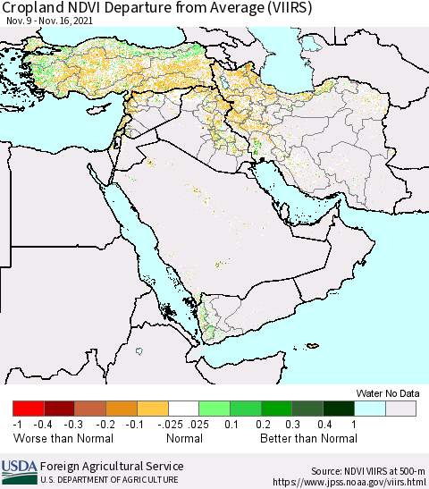 Middle East and Turkey Cropland NDVI Departure from Average (VIIRS) Thematic Map For 11/11/2021 - 11/20/2021