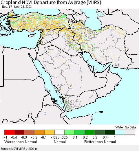 Middle East and Turkey Cropland NDVI Departure from Average (VIIRS) Thematic Map For 11/17/2021 - 11/24/2021
