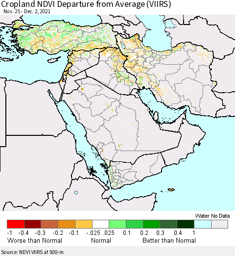 Middle East and Turkey Cropland NDVI Departure from Average (VIIRS) Thematic Map For 11/25/2021 - 12/2/2021