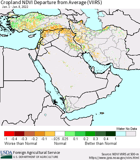 Middle East and Turkey Cropland NDVI Departure from Average (VIIRS) Thematic Map For 1/1/2022 - 1/10/2022