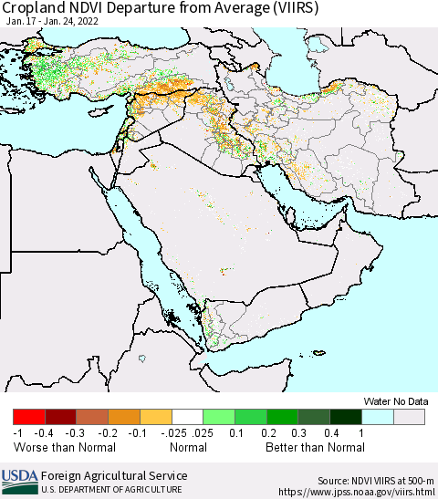 Middle East and Turkey Cropland NDVI Departure from Average (VIIRS) Thematic Map For 1/21/2022 - 1/31/2022