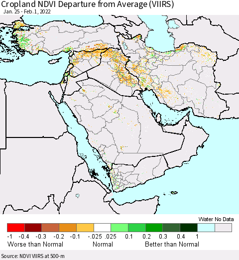 Middle East and Turkey Cropland NDVI Departure from Average (VIIRS) Thematic Map For 1/25/2022 - 2/1/2022