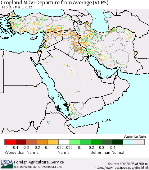 Middle East and Turkey Cropland NDVI Departure from Average (VIIRS) Thematic Map For 3/1/2022 - 3/10/2022