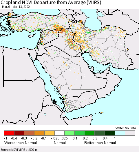 Middle East and Turkey Cropland NDVI Departure from Average (VIIRS) Thematic Map For 3/6/2022 - 3/13/2022