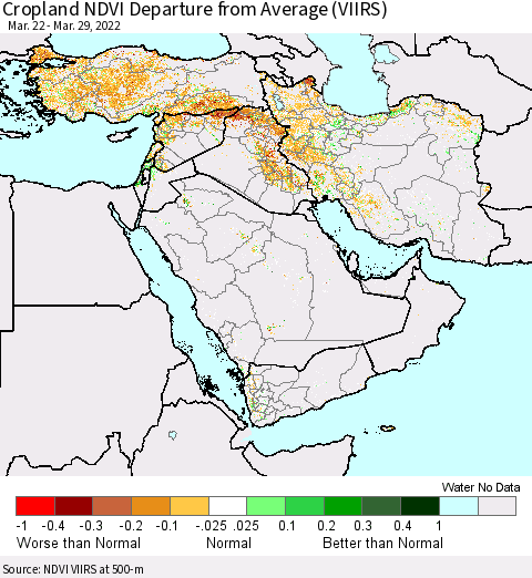 Middle East and Turkey Cropland NDVI Departure from Average (VIIRS) Thematic Map For 3/22/2022 - 3/29/2022