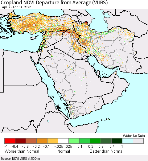 Middle East and Turkey Cropland NDVI Departure from Average (VIIRS) Thematic Map For 4/7/2022 - 4/14/2022