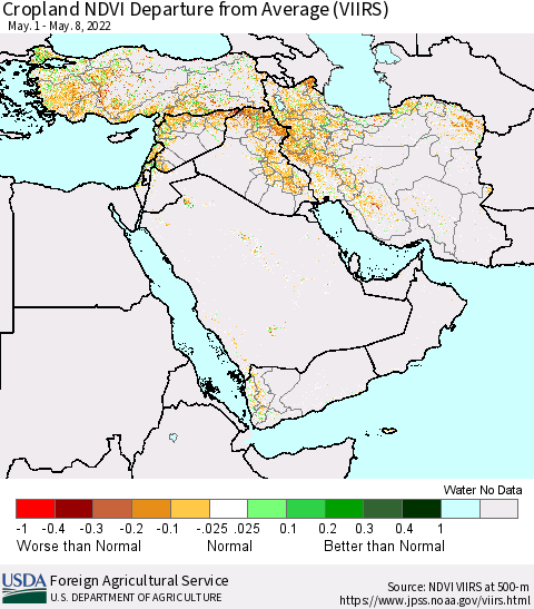 Middle East and Turkey Cropland NDVI Departure from Average (VIIRS) Thematic Map For 5/1/2022 - 5/10/2022