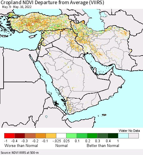 Middle East and Turkey Cropland NDVI Departure from Average (VIIRS) Thematic Map For 5/9/2022 - 5/16/2022