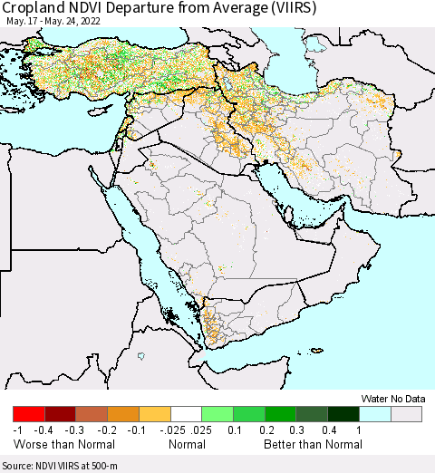 Middle East and Turkey Cropland NDVI Departure from Average (VIIRS) Thematic Map For 5/17/2022 - 5/24/2022