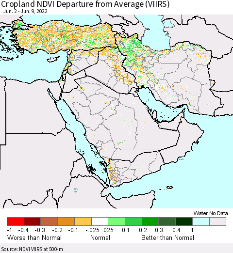 Middle East and Turkey Cropland NDVI Departure from Average (VIIRS) Thematic Map For 6/2/2022 - 6/9/2022