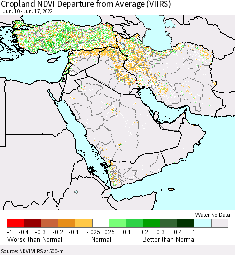 Middle East and Turkey Cropland NDVI Departure from Average (VIIRS) Thematic Map For 6/10/2022 - 6/17/2022