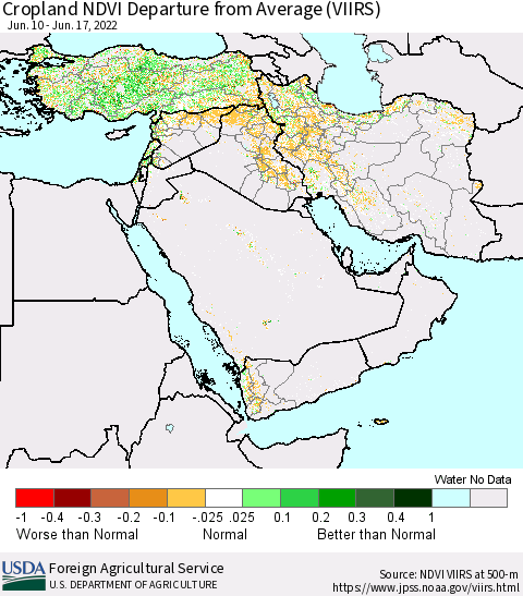 Middle East and Turkey Cropland NDVI Departure from Average (VIIRS) Thematic Map For 6/11/2022 - 6/20/2022